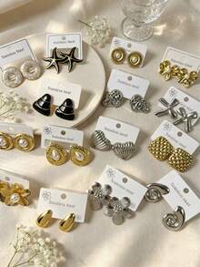1-12 Pairs Fashionable Elegant Personalized 18K Gold Plated Stainless Steel Earrings. Made Of High-Quality Stainless Steel, 18K Gold Plated Finish, Vintage Elegant Design, Very Suitable For Holiday Occasions. Stainless Steel Earrings, Elegant Ladies Earrings, Elegant Earrings, Elegant Long Earrings, Women Accessories - Multi-element Combination - View 3