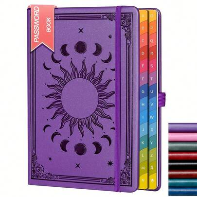 Vintage Sun And Moon Design A5 Faux Leather Password Notebook, 360 Pages, Blue, 5.9 X 8.5 Inches, Colorful Letter Labels, Suitable For Home And Office Use, Perfect Gift For Men And Women
