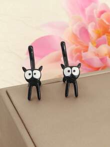 1 Pair Cute Cartoon Black Cat Stud Earrings With Tail, Versatile Design For School, Party, Hip-Hop, (Card Not Included) - Black - View 4