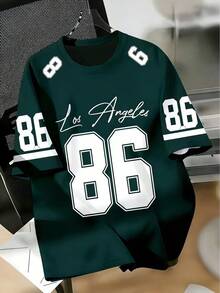 Camiseta gráfica para hombre con el número 86 y un patrón de letras "Los Ángeles" manuscritas, suelta y cómoda, adecuada para actividades casuales, deportivas y de campus, hecha de tela de poliéster, de secado rápido y fácil de lavar - Verde Oscuro - Ver 2