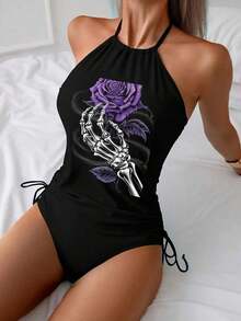 Women's 2026 Summer Gothic Swimwear – Skeleton Hand Print Tankini Set, Two‑Piece Modest Swimsuit With Tummy Control, Drawstring Halter Neck, Beach, Resort, And Holiday Outfits, Dark Aesthetic Fashion - Black - View 8