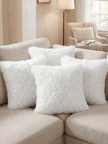 1/2/4pcs Solid Color Plush Pillow Cover (Pillow Insert Not Included), Minimalist Double-Sided Fluffy Square Cushion Cover, Soft Comfortable Home Decor Throw Pillow Case, Suitable For Bedroom, Living Room, Sofa, Chair, Zipper Closure - White - View 3