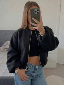Women Solid Color Zip-Up Short Jacket With Pockets, Casual Long Sleeve Soft Bomber Jacket, Versatile Minimalist Design For Autumn/Winter Black Spring - Black - View 3