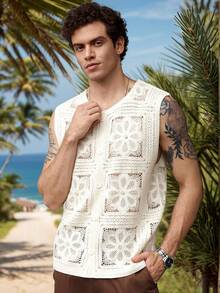 Áo vest len nam phong cách casual, một hàng khuy, thêu, trễ vai, thoáng khí, móc không tay, cài nút, màu trơn, dệt rỗng, kiểu cardigan waistcoat, phong cách vintage nghệ thuật cho đi biển nghỉ dưỡng - Màu be - Xem 3