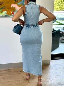 Women'S Sexy Sleeveless Denim Dress |   Lapel Collar, Waist Cutout & High Split Design, Ideal For Daily Wear, Commute, Date Night & Parties - 藍色 - 查看 3