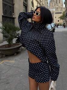 Women's Fashion Fitted High Collar Long Sleeve Short Jacket, Polka Dot Print Casual Bomber Jacket, New Style Spring - Royal Blue - View 3