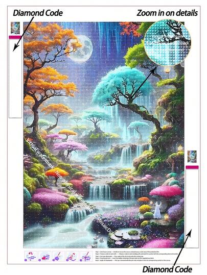 |5D DIY钻石画|梦幻彩虹瀑布仙境森林DIY钻石画套装，充满活力的奇幻风景，层叠瀑布，皎洁明月，奇幻魔幻氛围，梦幻超现实美学。手工装饰画，5D DIY刺绣马赛克艺术，享受动手乐趣，是送给朋友的理想礼物。