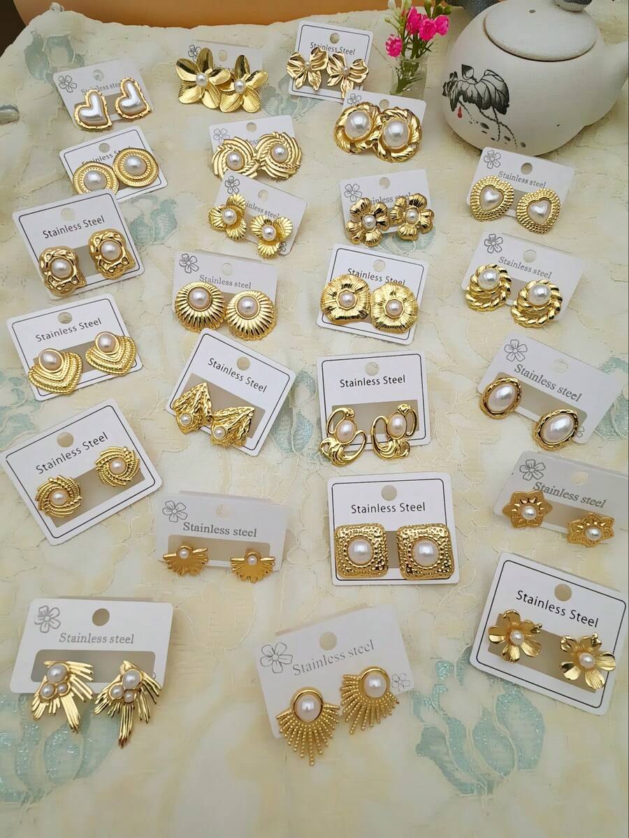 24 đôi bông tai ngọc trai giả bằng thép không gỉ mạ vàng kiểu cổ điển, thanh lịch và sang trọng với họa tiết hình học và hoa, phù hợp cho phụ nữ đeo hàng ngày hoặc làm quà tặng trang sức dự tiệc. (Giao hàng ngẫu nhiên) - Nhiều màu - Xem 1