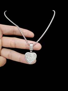 1 pieza Colgante con forma de corazón de circonita cúbica con 1 pieza Collar de cadena retorcida de acero inoxidable, Colgante vintage de estilo hip-hop para mujer, Adecuado para uso diario o fiestas, Regalo para el Día de la Madre, Día de San Valentín - Plateado - Ver 8