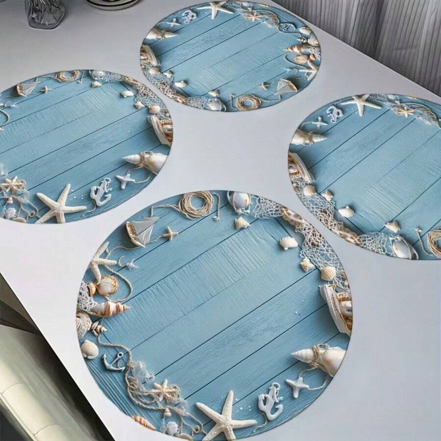 1/2/4/6/8/300 pièces Sets de table de luxe thème océanique, décorés de motifs mignons d'étoiles de mer et de coquillages sur un fond de grille en bois. Sets de table en polyester lavables en machine, résistants à la chaleur, imperméables et faciles à nettoyer. Convient pour les rassemblements familiaux des fêtes de printemps et la décoration de cuisine.