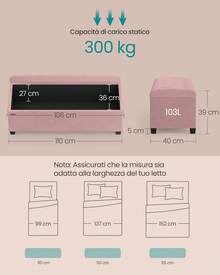 SONGMICS Storage Ottoman, Storage Pouf, Footrest 40 X 110 X 39, Ottoman With Wooden, Holds Up To 300 Kg, Living Room, Bedroom, Dormitory, Pastel Pink LSF089R01 - 板岩灰 - 查看 9