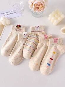 5 Pairs Women's Polka Dot Yarn Short Socks, Fashionable Cute Cartoon Pattern, Spring/Summer Sweat-Absorbent Breathable Casual Sports Socks - Multicolor - View 7