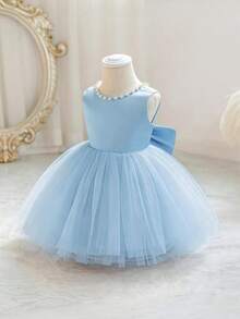 Đầm dự tiệc đính cườm 3D thủ công cho bé gái, đầm công chúa voan thanh lịch, thích hợp cho sinh nhật lần thứ nhất, đám cưới, tiệc tùng, lễ hội. - Màu xanh nhạt - Xem 4