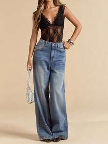 Body feminino sexy com decote em V profundo e renda transparente, cor sólida, ideal para festas, shows, encontros, primavera/verão/outono, preto. - Preto - Ver 7
