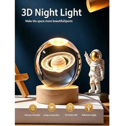 1. 3D立体雕刻土星水晶球夜灯，营造温馨可爱的氛围。2. 3D激光雕刻玻璃球USB供电暖色调木质底座台灯，适用于客厅、卧室、书桌和餐桌装饰。它也是送给朋友的绝佳生日或毕业礼物，太空爱好者的最佳礼物，或作为床头装饰灯。