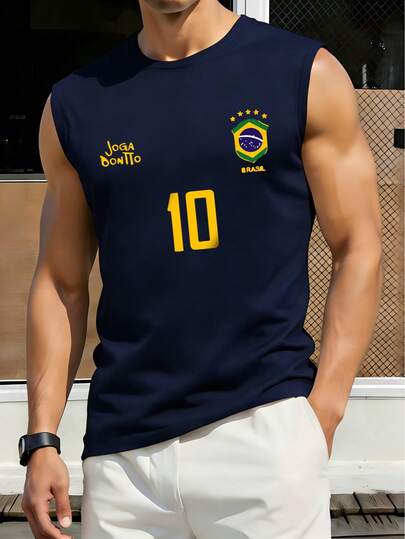 Camiseta de tirantes deportiva para hombre, Camiseta retro de fútbol de Brasil - Legendario número 10, Atuendo casual de aficionado al fútbol, Camiseta de fútbol, Ropa deportiva de ajuste regular sin mangas, Tela suave y cómoda
