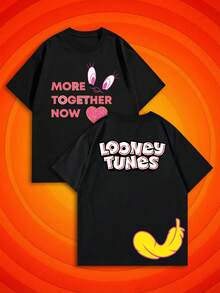 SHEIN X Looney Tunes 夏季女式短袖经典卡通爱情标语前后撞色印花T恤，融合美式复古风和Y2K千禧美学，轻松叠穿，适合女生约会、街头摄影、校园生活、夏季郊游、日常度假、复古派对、购物等各种场合，是打造美式复古风穿搭的必备短袖上衣。 - 黑色 - 查看 2