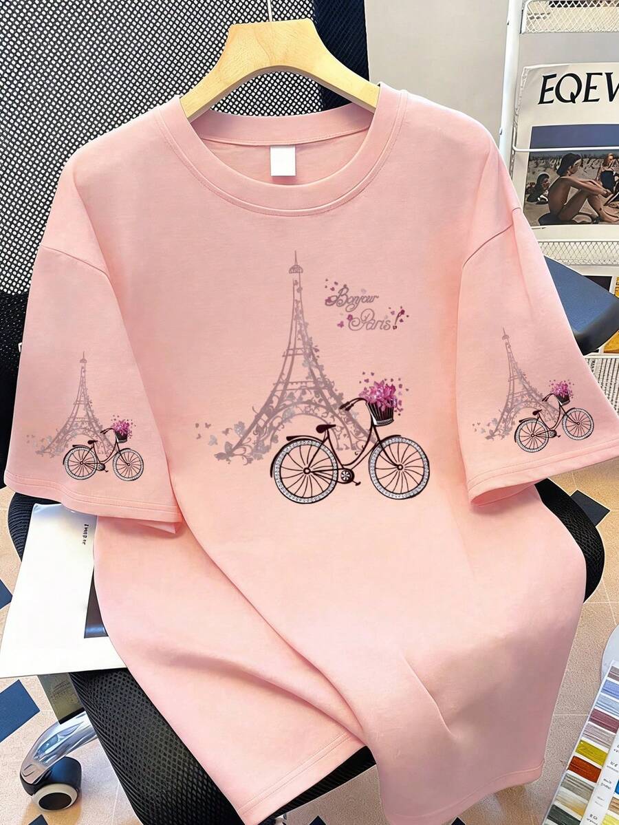 Blumen-, Eiffelturm- und Fahrrad-Muster Rundhals Lässig T-Shirt, Große Größen Sommer Mode Kurzarm, Strand, Urlaub, Frühling Rosa - Pink - Übersicht 1