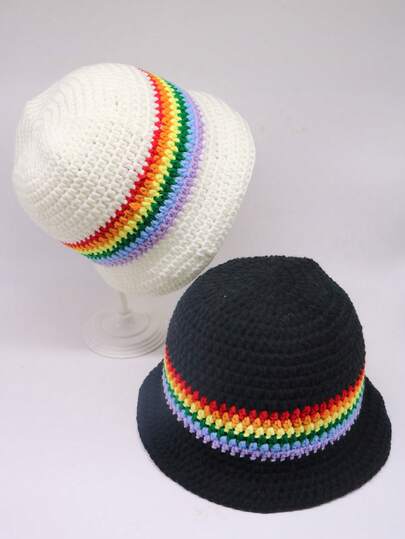 1pc Unisex Contrast Color Handmade Crochet Knit Hat, Spring/Summer New Multi-Color Hollow Out Bucket Hat For Outdoor & Vacation