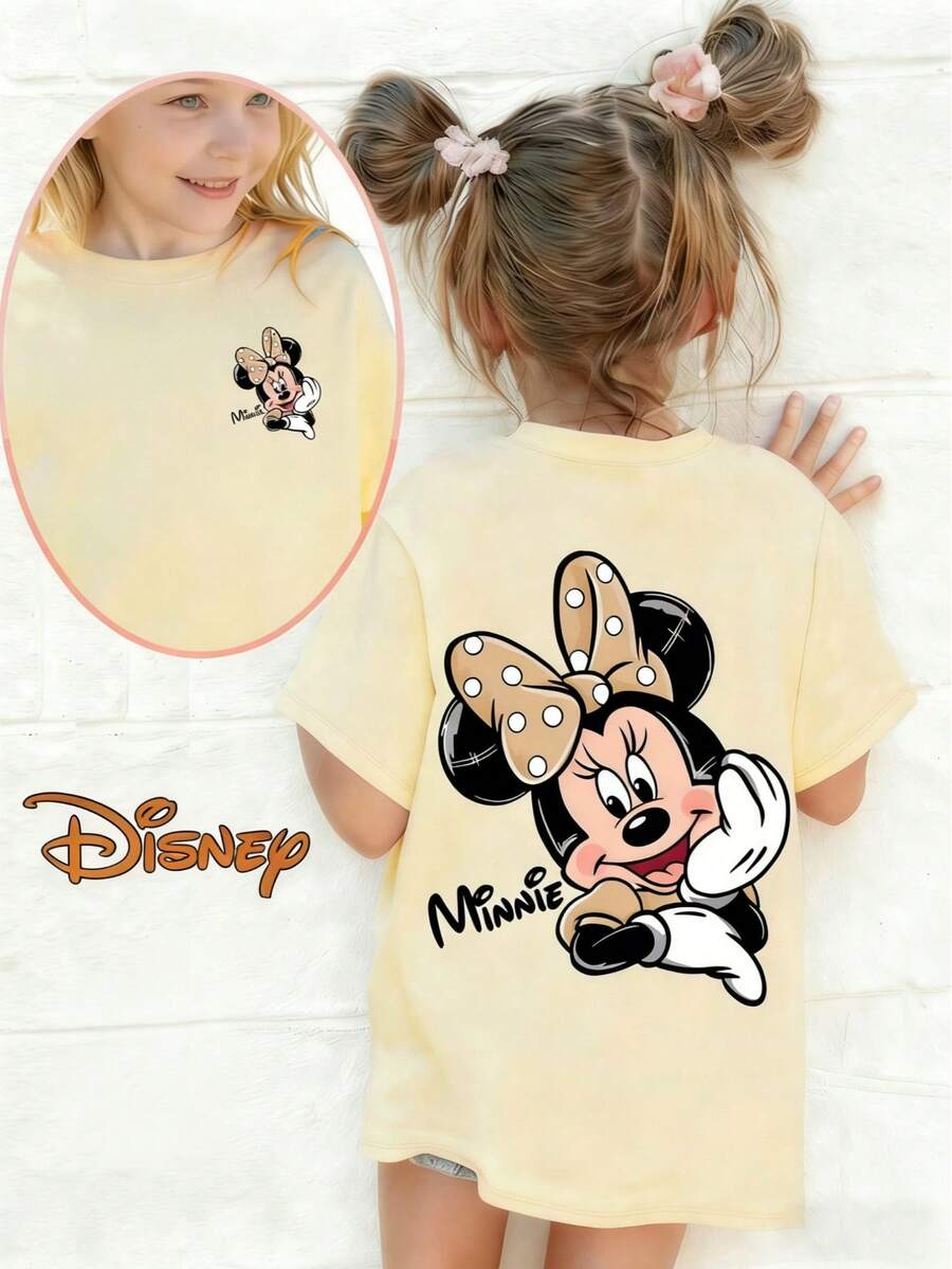 T-Shirt, Girls' Summer Crew Neck Short Sleeve Top, Disney Minnie Mouse Classic Polka Dot Bow Smile Print Baby Pullover, Simple And Versatile T-Shirt Top, Soft And Comfortable Short Sleeve Fabric, Suitable For School Outfits And Outings, Children's Apparel For Ages 4-12 - Apricot - View 1