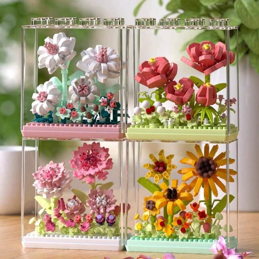 Bộ 9 loại, đồ chơi xếp hình hoa sáng tạo kích thước 1-4 inch, mô hình hoa tự làm, bó hoa thủ công tự làm, hộp acrylic trong suốt, nhựa ABS, bộ xếp hình hoa, phong cách lãng mạn, các hình dạng bao gồm cẩm chướng, hoa hồng, hoa tulip, hoa lục bình, hoa mẫu đơn, hoa hướng dương, hoa trà, hoa dành dành, đồ chơi xếp hình có thể xếp chồng, đồ chơi, quà tặng - Nhiều màu - Xem 1