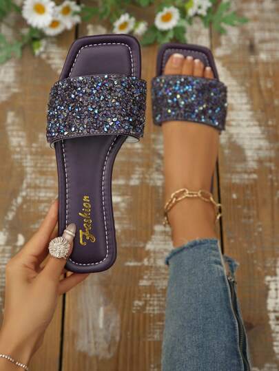 New Arrival Plus Size Luxury Anti-Slip Square Toe Mule Slippers With Rhinestone & Pearl Decor, Fashionable & Versatile For Beach & Resort Wear