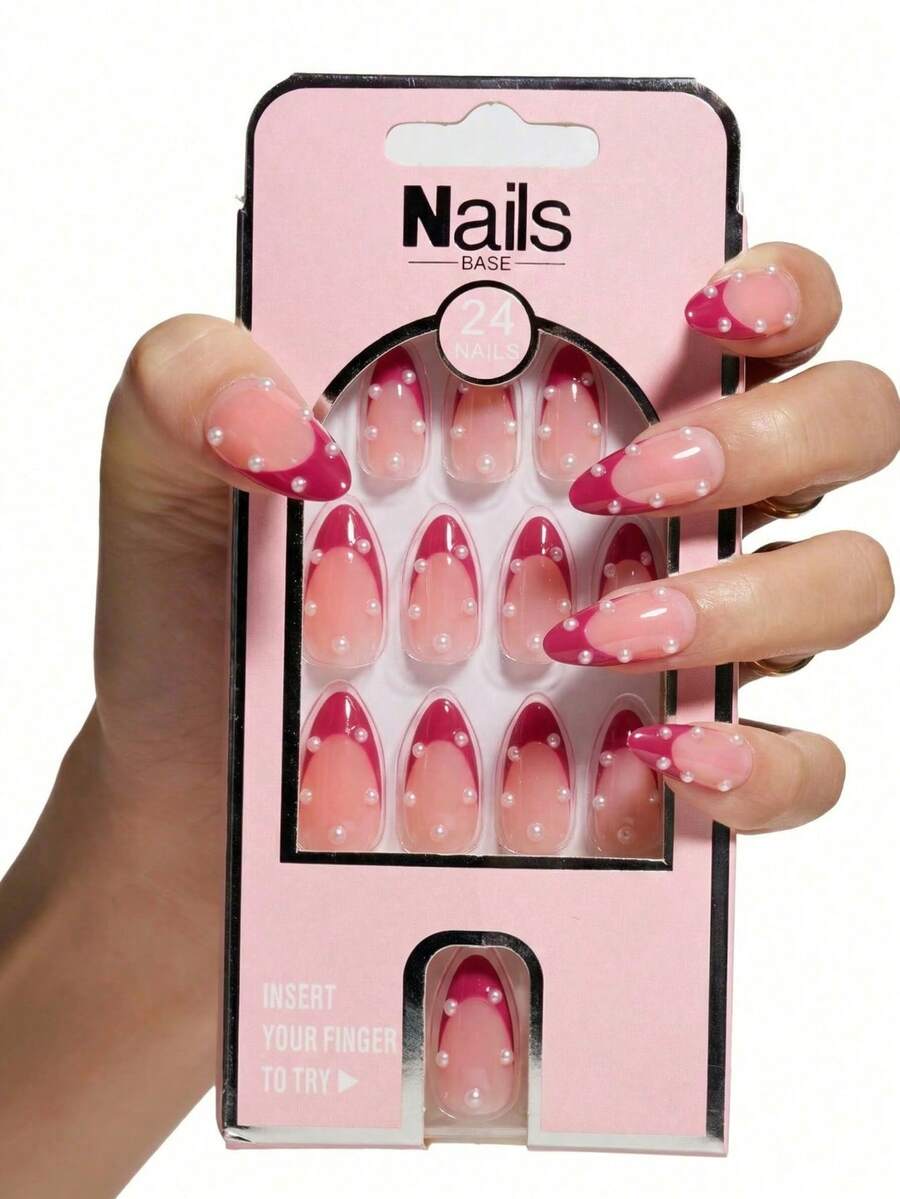 Nailsbase24件套粉色、红色和白色珍珠装饰美甲贴片,按压式美甲贴片,搭配1片果冻胶和1个指甲锉,美甲师用品。这款可移除的美甲贴纸适合女性和女孩在派对、舞会和日常场合佩戴。 - 彩色 - 查看 1