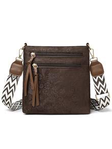 Bolsa versátil com estampa xadrez colorida e vários bolsos para moedas e celular, estilo boêmio, com alça larga ajustável para usar na transversal ou no ombro, design em PU com relevo. - Café - Ver 5
