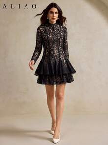 ALIAO Vestido Elegante de Cuatro Estaciones con Bordado de Paisley, Malla Transparente, Patchwork de Ganchillo y Satén, Estilizador para Playa, Vacaciones, Boda y Fiesta - Negro - Ver 4