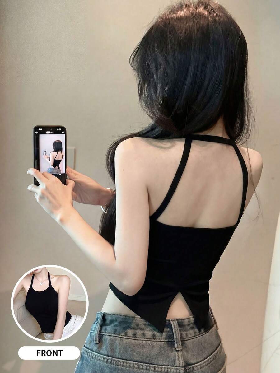 黑色露背吊带背心，女士夏季穿着，带胸垫，无袖，休闲款 - 黑色 - 查看 1