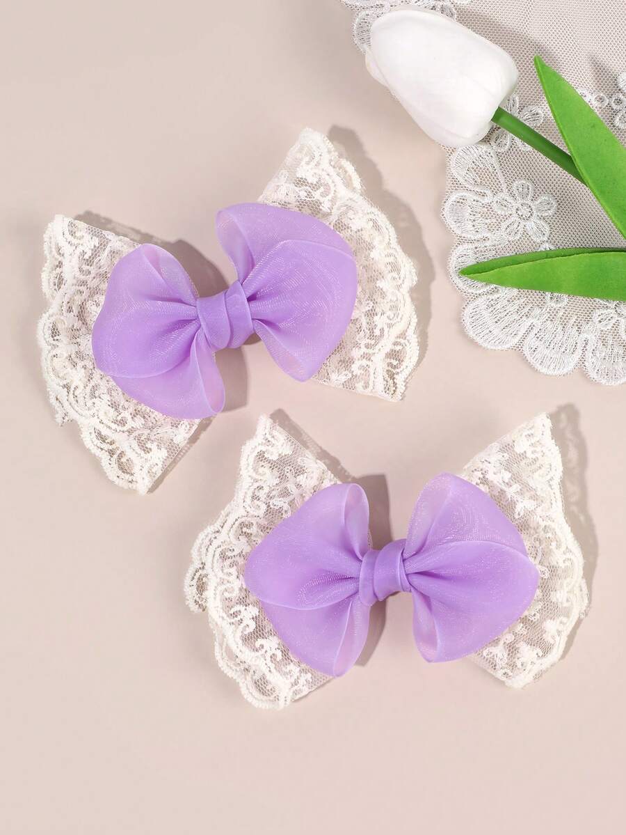 Bộ 2 kẹp tóc màu tím nhạt cho nữ, kẹp tóc nơ lưới ren màu trơn, phụ kiện tóc thanh lịch phù hợp cho trang phục thường ngày, thích hợp cho thanh thiếu niên. - Màu tím hoa cà - Xem 1