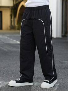 Pantalones rectos con franja lateral de contraste de color negro para niños y adolescentes, pantalones casuales minimalistas para exteriores, primavera/verano - Negro - Ver 2
