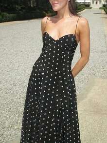 Vestido de verano elegante sin mangas con escote en V y estampado de lunares para mujer, color negro - Negro - Ver 3