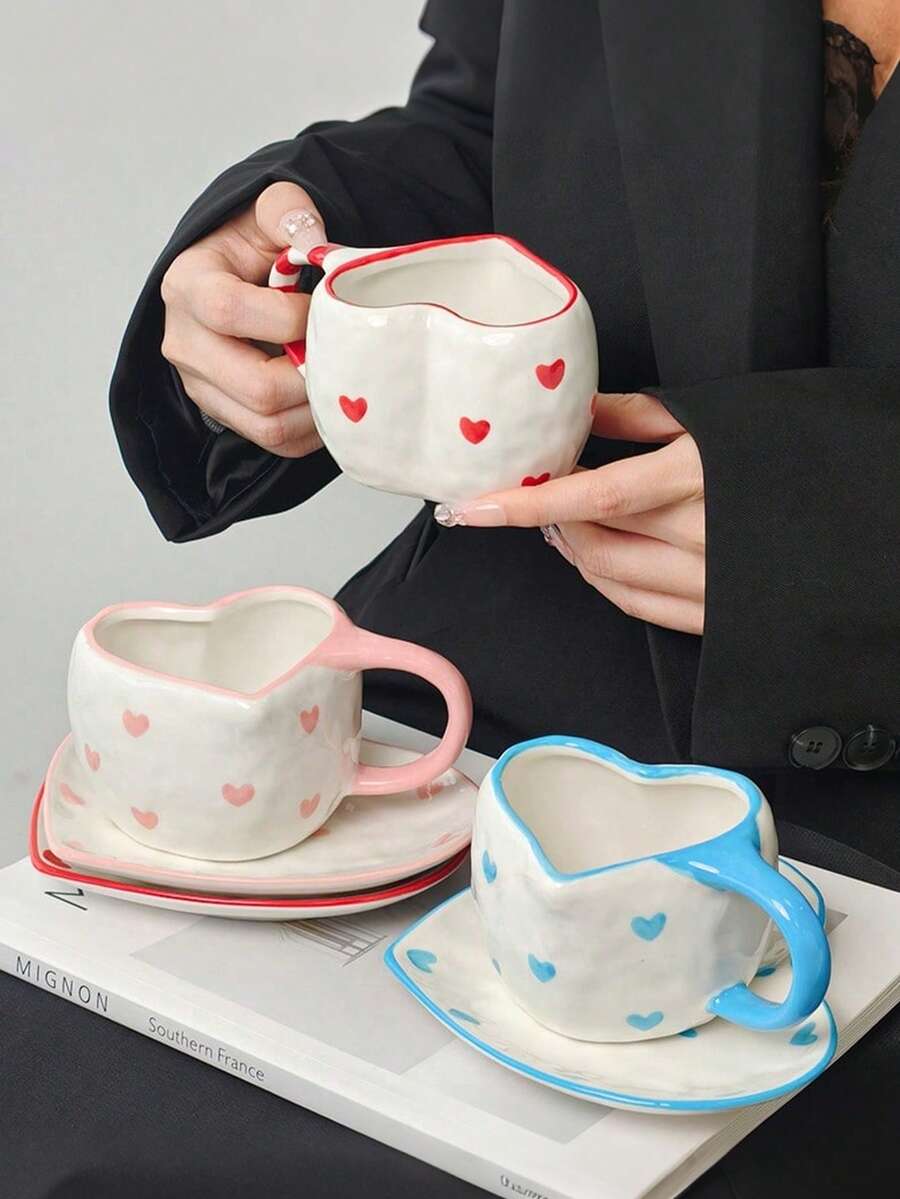 French Ins-Style High-Quality Heart-Shaped Ceramic Coffee Cup & Saucer Set, Underglaze Hand-Painted Heart Design Afternoon Tea Cup (New Version), Suitable For Valentine's Day And Holiday Gifts