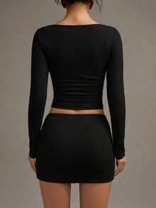 XLLAIS Women's Y2K Sexy Babe Basic White Crop Top, Casual High Stretch Double-Layer Boat Neck Long Sleeve Fitted T-Shirt, Autumn/Winter New Year Spring - 黑色 - 查看 4