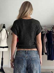 Fashionable Round Neck Short Sleeve Casual Sequin Knit Top, Summer Black - Black - View 2