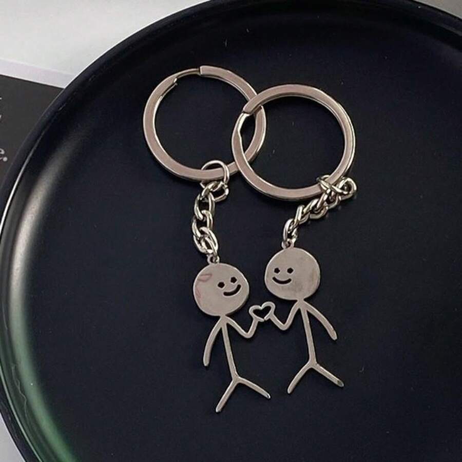 Cute Couple Keychain Set, High-End Style, Funny Design, Backpack Key Holder, Lightweight Keychain, Student Gift, Best Friend Present - 揮手愛心簡筆畫小人 - 鑰匙圈 [2個裝] - 查看 1