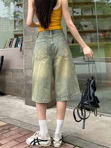 Jeans recortados de pierna recta casual y holgados con efecto desgastado, estilo americano, para mujer en verano - Azul - Ver 7