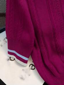 Top de punto casual y versátil con diseño hueco y cuello polo de verano - Rojo ciruela - Ver 4