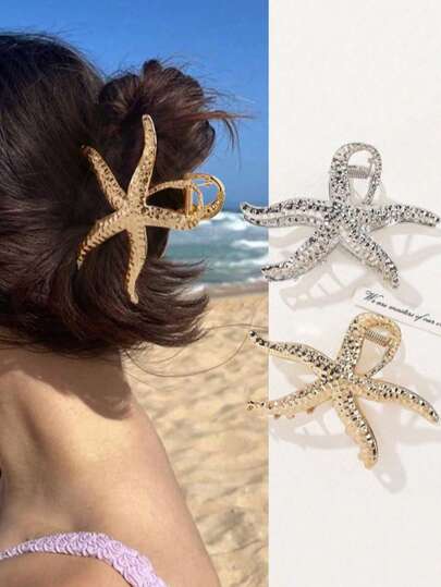 超大复古金属海星发夹，高端发饰，海洋风发夹，发夹，发夹，发夹，爪夹，学生用品，大学秋冬发饰，适合女士度假装扮，派对配饰，锌合金海洋生物