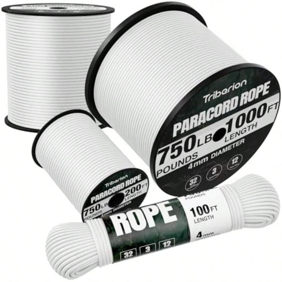 Cuerda de paracaídas de 340 kg 200 pies 5/32 pulgadas cuerda de paracaídas de 4 mm y 12 hebras Cuerda de carrete resistente para supervivencia equipo de camping pulsera de - Blanco - Ver 1