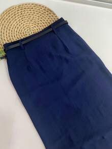 Midi Skirt With Belt High Waist Slit - Navy Blue - View 5
