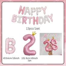 14pcs Pink Fabric Printed "Happy Birthday" Banner And 40-Inch Pink Number Foil Balloon, Suitable For Birthday Party Supplies, Christening Decorations, Shower, Birthday Balloons, Birthday Accessories, Pink Princess Theme Party, Anniversary Celebration - Pink Birthday Balloons - View 9