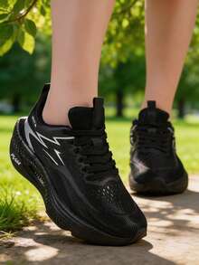 BALTEOP Women's Lace-Up Black Breathable Comfortable Lightweight Geometric Pattern Running Shoes With Bouncy Popcorn Soles - Black - View 3