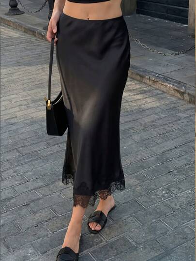 HH Falda midi de satén con decoración de encaje para mujer, falda larga de cintura alta vintage de verano en color negro