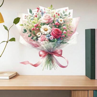 Mother's Day Bouquet Wall Sticker, Happy Mother's Day Warm Scene Refrigerator Magnet, Holiday Window Decal, PVC Material With Glue