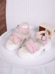 新款春夏女童時尚羅馬涼鞋，厚底高跟，蝴蝶結裝飾優雅公主鞋，適合女童日常購物、派對和海灘穿著 --「兒童高跟涼鞋」 「兒童軟底涼鞋」 - 粉色 - 查看 1