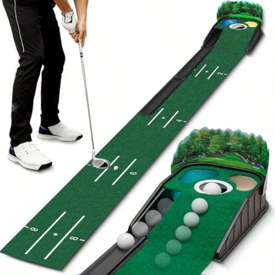 Práctica de Putting de Golf Tapete Portátil de Golf con con Sistema de Retorno de Bola Doble Pista Panel Panorámico Desmontable Diseño Hundimiento Arena y Charco Simulados para Interior y Exterior - Verde - Ver 1