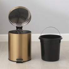 Lixeira de aço inoxidável polido, 1 peça, formato redondo de 3L/5L/8L, nas cores champanhe/preto, com pedal, cesto para lixo, balde interno removível, tampa silenciosa, sem necessidade de bateria, ideal para cozinha, banheiro, escritório e uso doméstico. Lixeira multifuncional. - Champagne - Ver 7