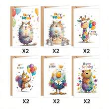 FFXK 12pcs Cute Animal Watercolor Birthday Greeting Cards Set, Suitable For Gifting To Husband, Friends, Sisters, Lovers, Male/Female Colleagues, DIY Gift Set With Adorable Patterns - View 7